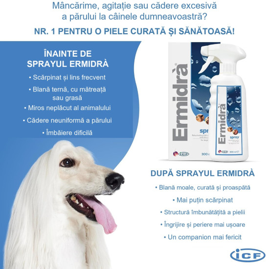 ICF Ermidra Spray, 300 ml – soluție dermatologică hidratantă pentru câini și pisici